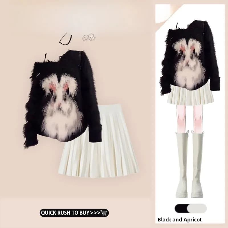 American style knitted rabbit fur sweater and skirt for the beginning of autumn, with midi trapeze skirt that smoothes and hides imperfections