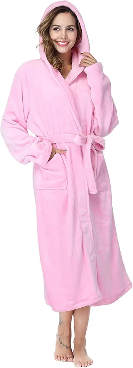Plush Fleece Hooded Bathrobe for Women with Pockets, Soft Fluffy Sleepwear