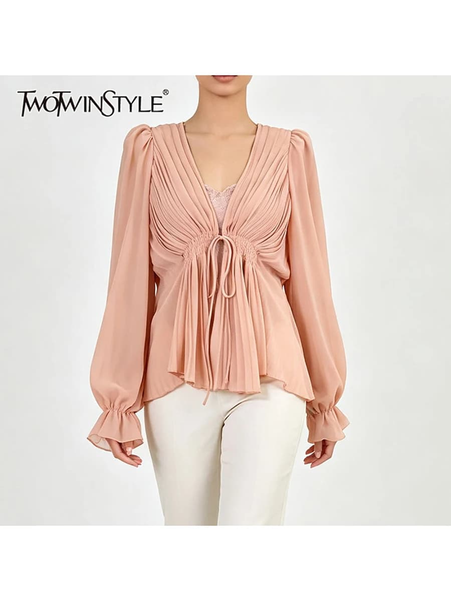 TWOTWINSTYLE Ruched Loose Solid Spliced Blouse for Women V Neck Puff Sleeve Patchwork Lace Up Casual Blouses Female Fashion New