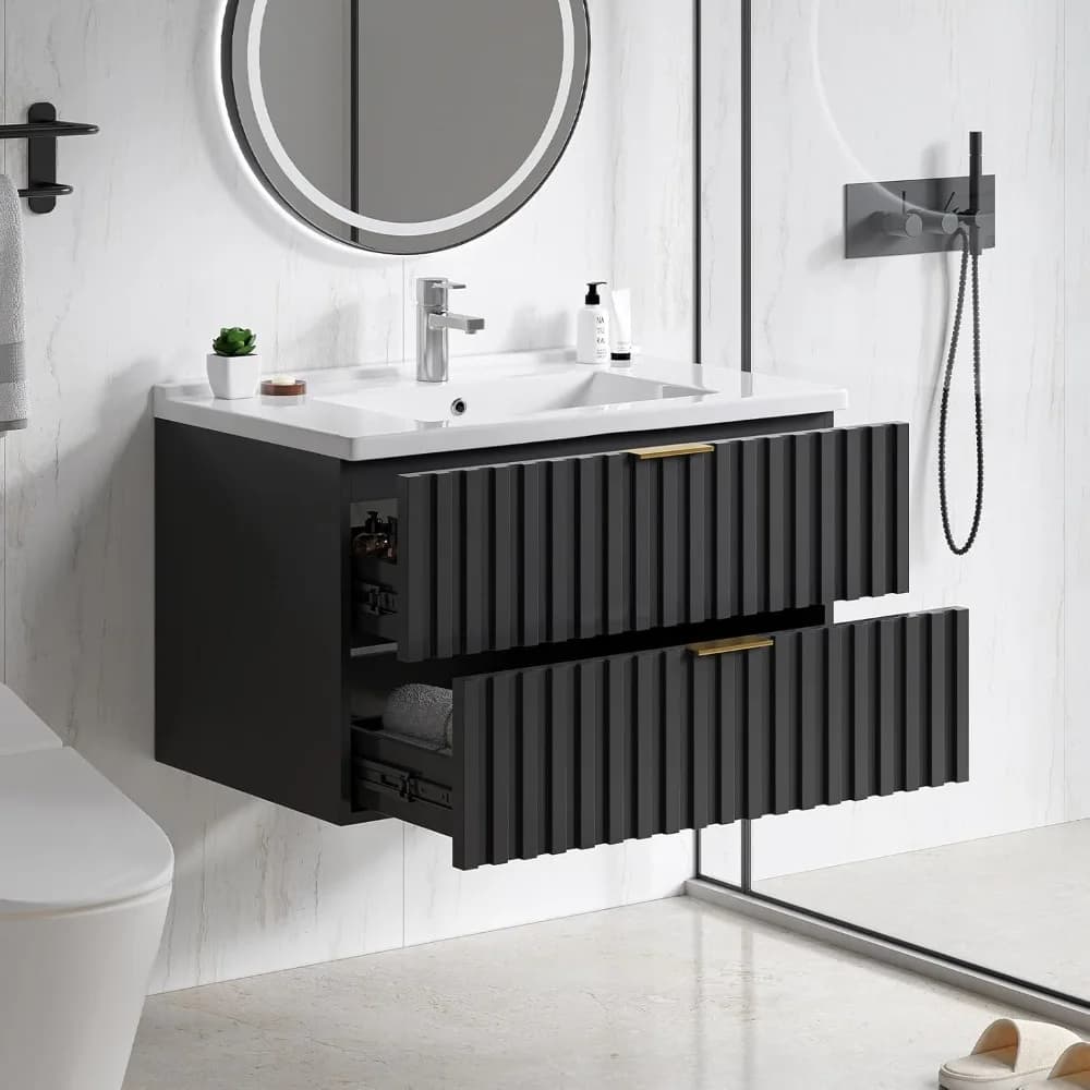Mobile da bagno da 30 pollici con lavabo combinato, mobile da bagno galleggiante con 2 cassetti scanalati e manico in metallo, moderno contenitore per montaggio a parete