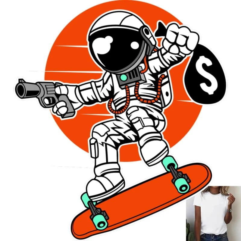 Cool Astronaut Skateboarding With Gun Heat Transfer White Ink Iron - on Patch, Suitable For T - Shirts/Canvas Bags, Street -