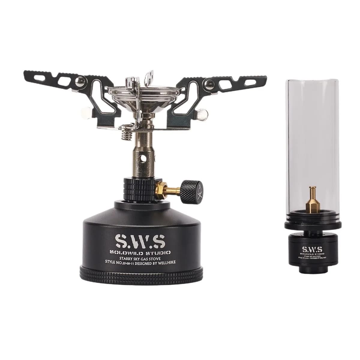 Gas cooker for open-air camping with lamp, optional tank