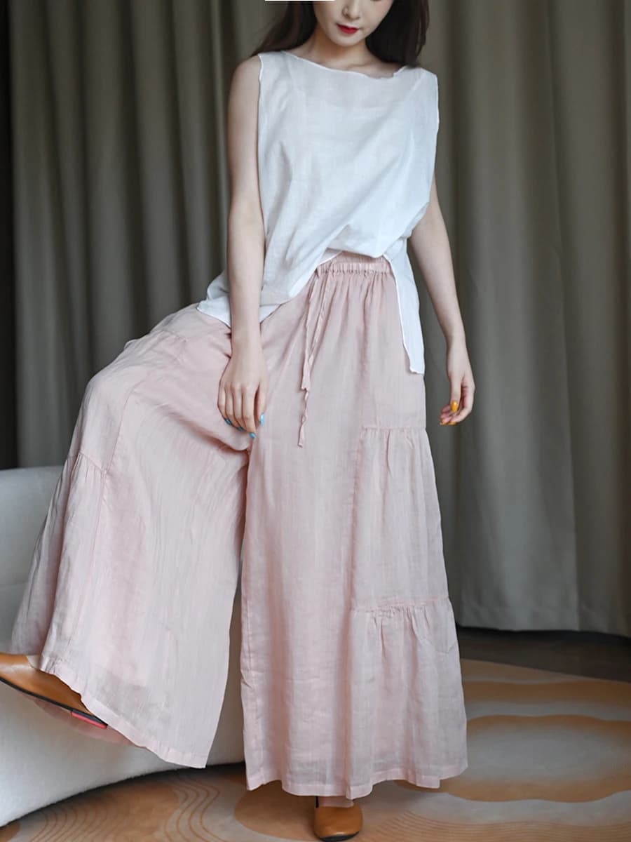New Chinese Style Wide Leg Pants Skirt Women's Loose High Waist Slimming Pure Flax Fabric National Trend Casual Trousers