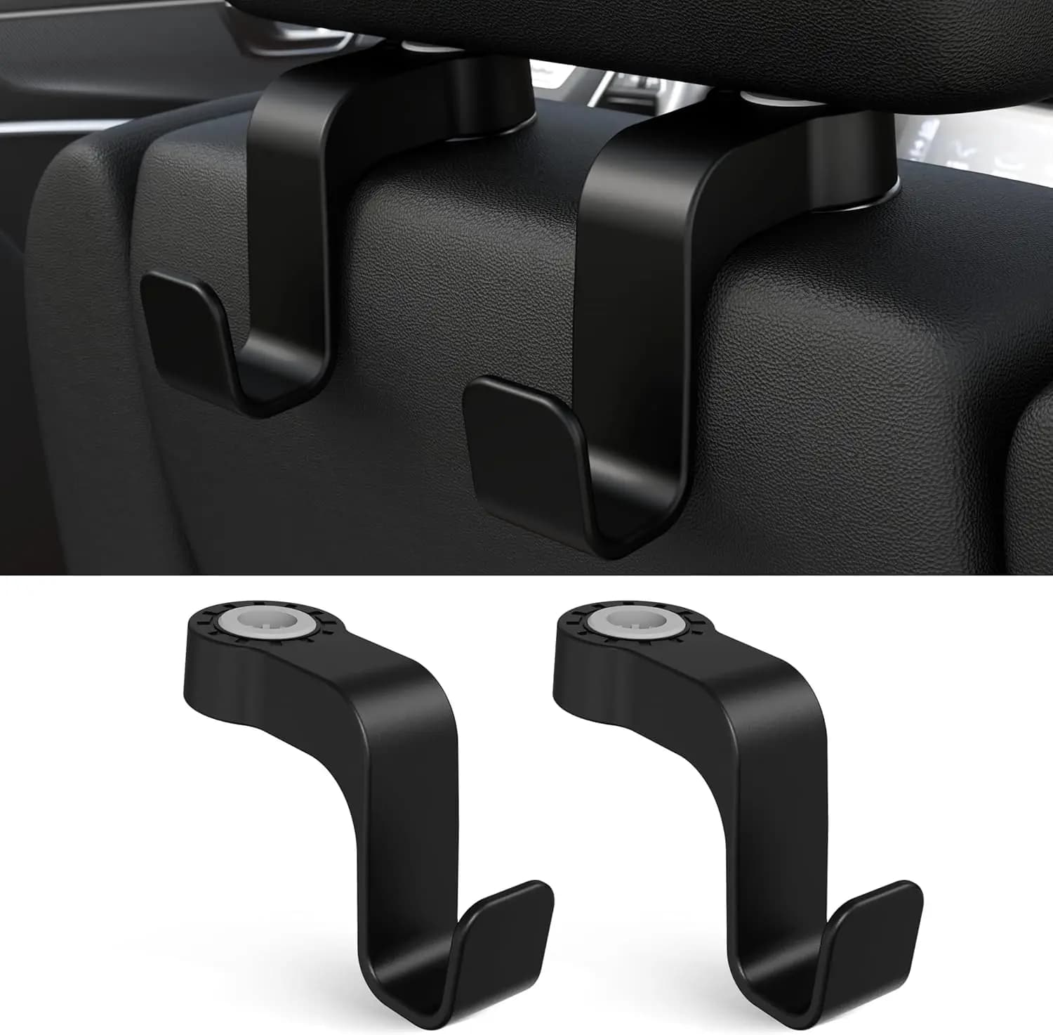 Universal Car Seat Hooks - Anti-Drop Headrest Hanger, 55lb Capacity, 360° Rotation, Black 2 Pack