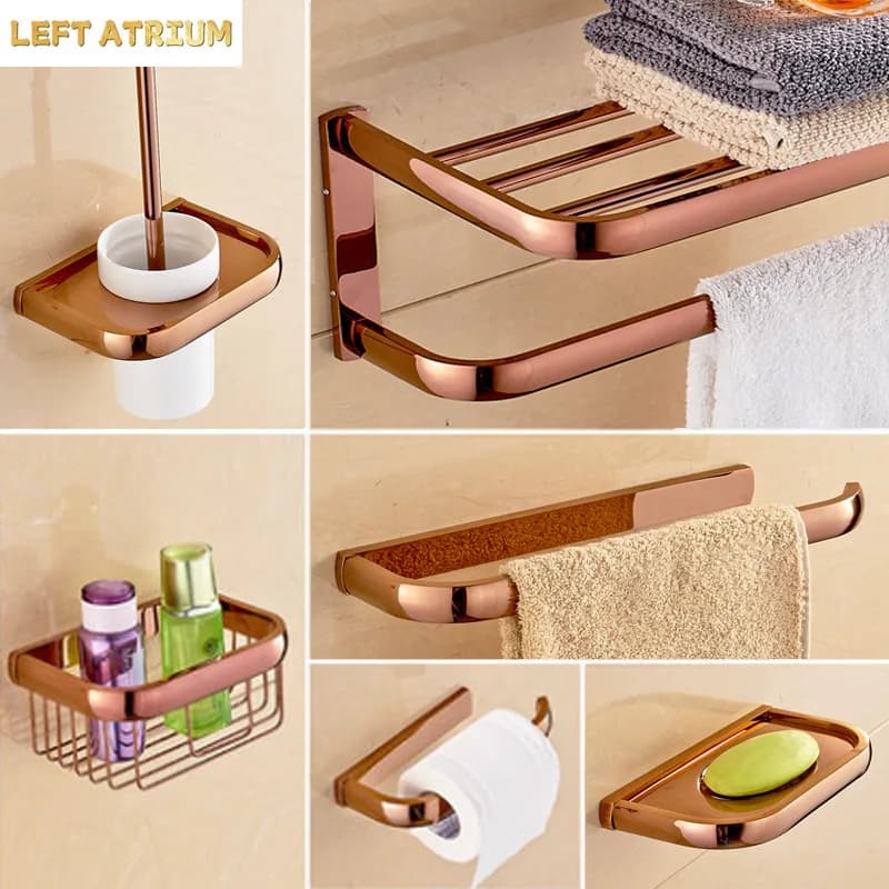 Rose Gold Brass Towel Rack Hanging Rods Bar Hooks Bath Shelf Toilet Brush Paper Holder Bathroom Hardware Organizer Accessories