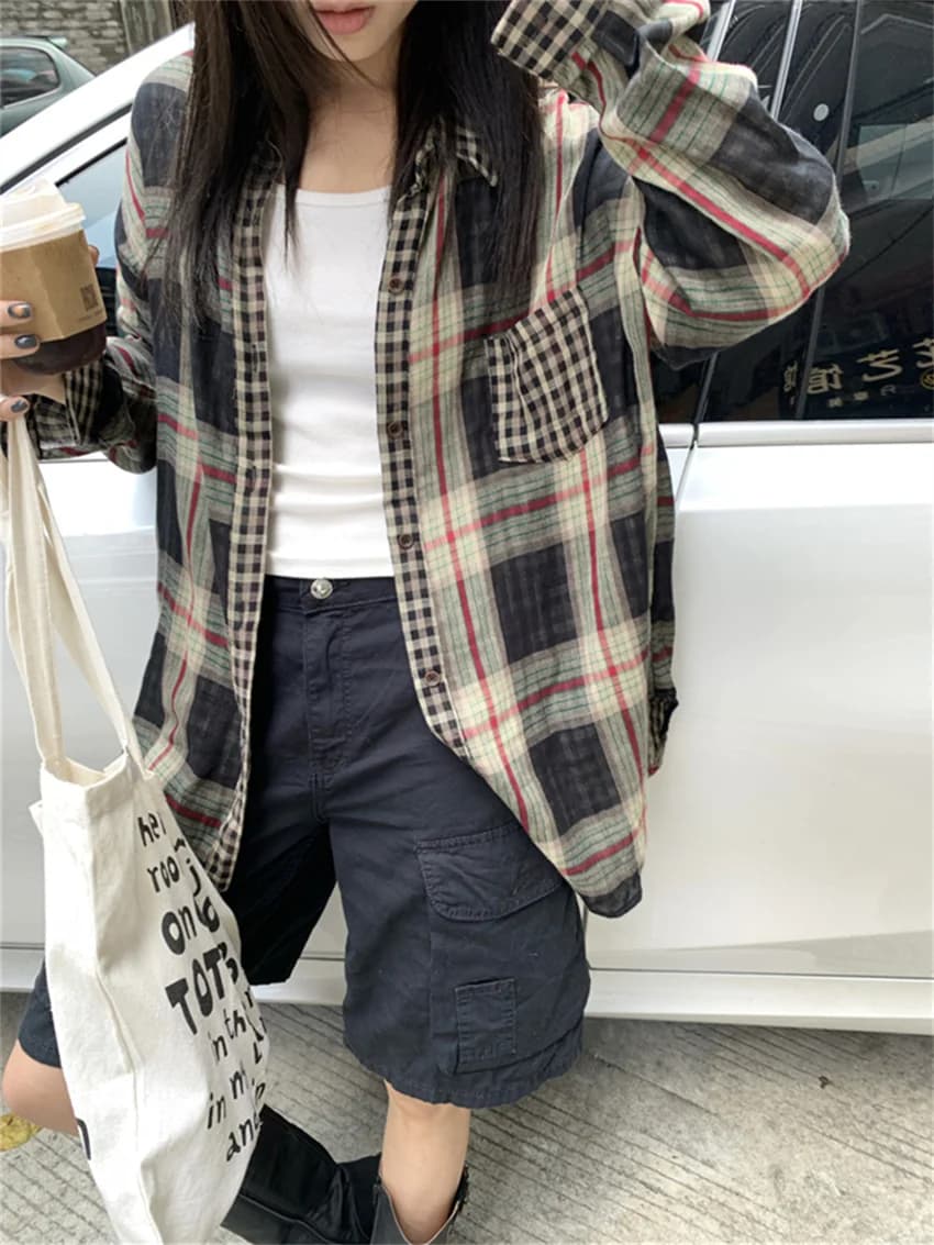 Alien Kitty Chic Vintage protezione solare cappotti camicie donna 2024 sciolto autunno Office Lady Plaid New All Match Mujer Casual Daily