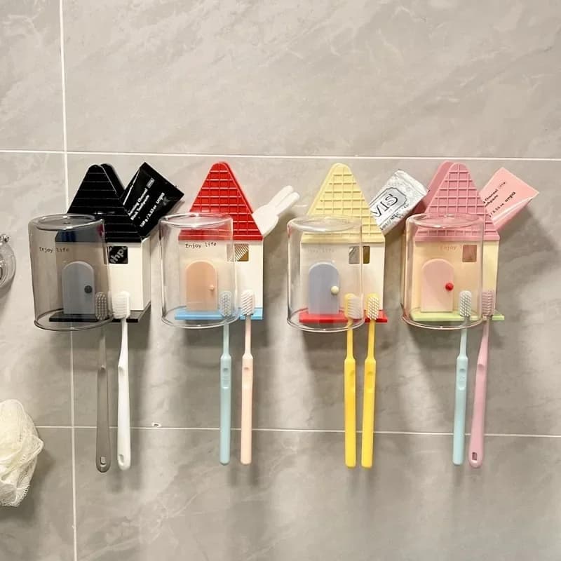 1 Piece Minimalist House Shaped Toothbrush Cup Holder No Drill Wall Mount Bathroom Electric Toothbrush Storage Rack