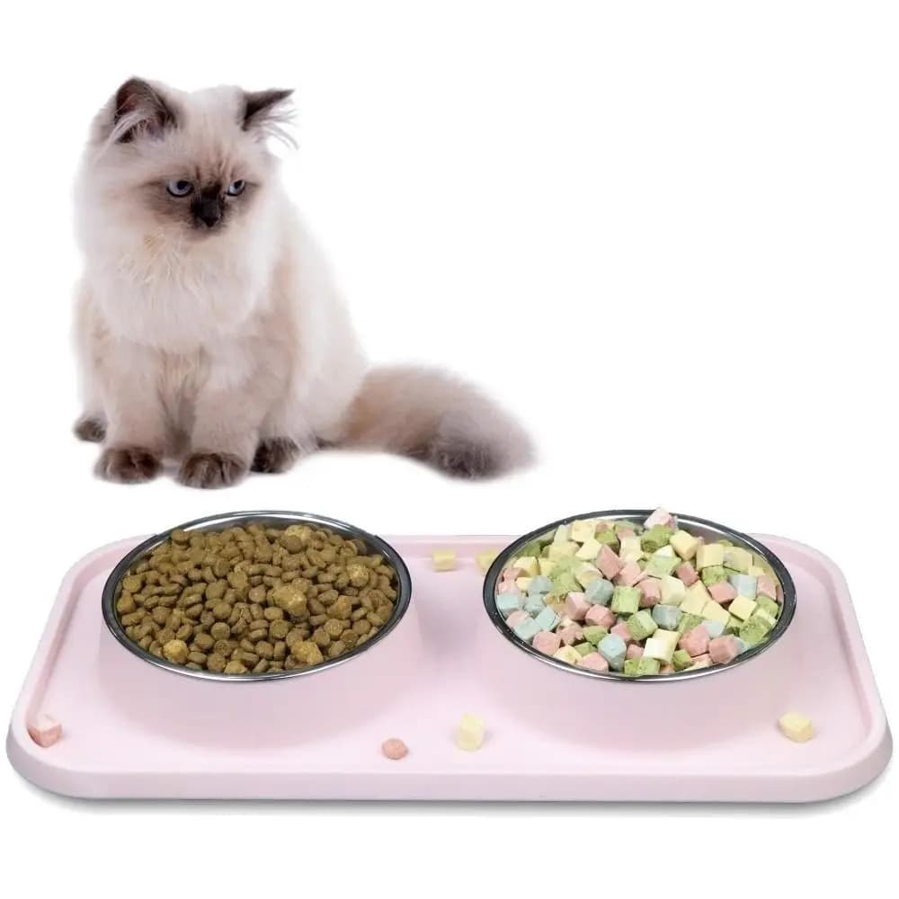 Ciotole per Animali in Acciaio Inox con Tappetino Antiscivolo, Doppia Ciotola per Cani e Gatti, Facile da Pulire, Anti-Rovesciamento, per Gattini e Cuccioli