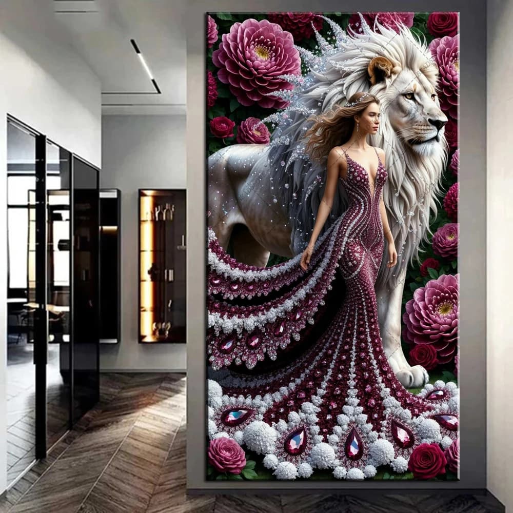 Long Dress Princess Beauty Lion 5D Large DIY Full Square Diamond Painting Jewelry Cross Stitch Kit Mosaic 100x200cm Diamond Art