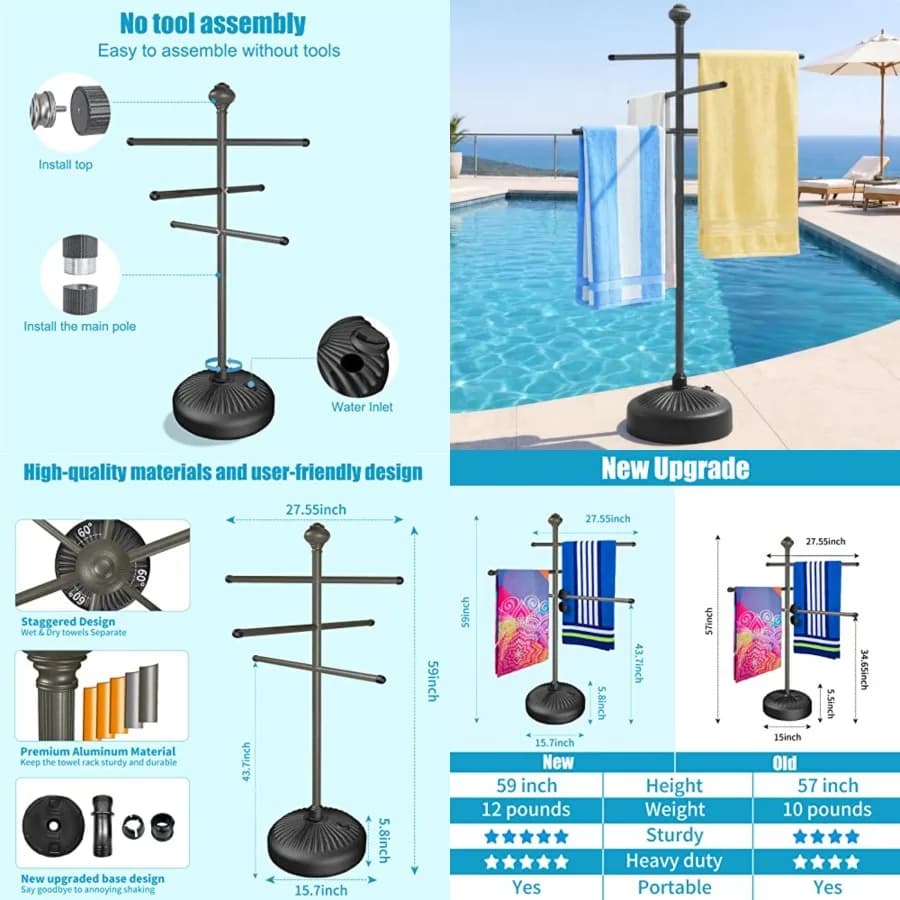 Portasciugamani da Piscina per Esterni, Portasciugamani in Alluminio da 150 cm con Base Larga e Stabile, 6 Barre Regolabili, Arredo Piscina, Portasciugamani Antiruggine