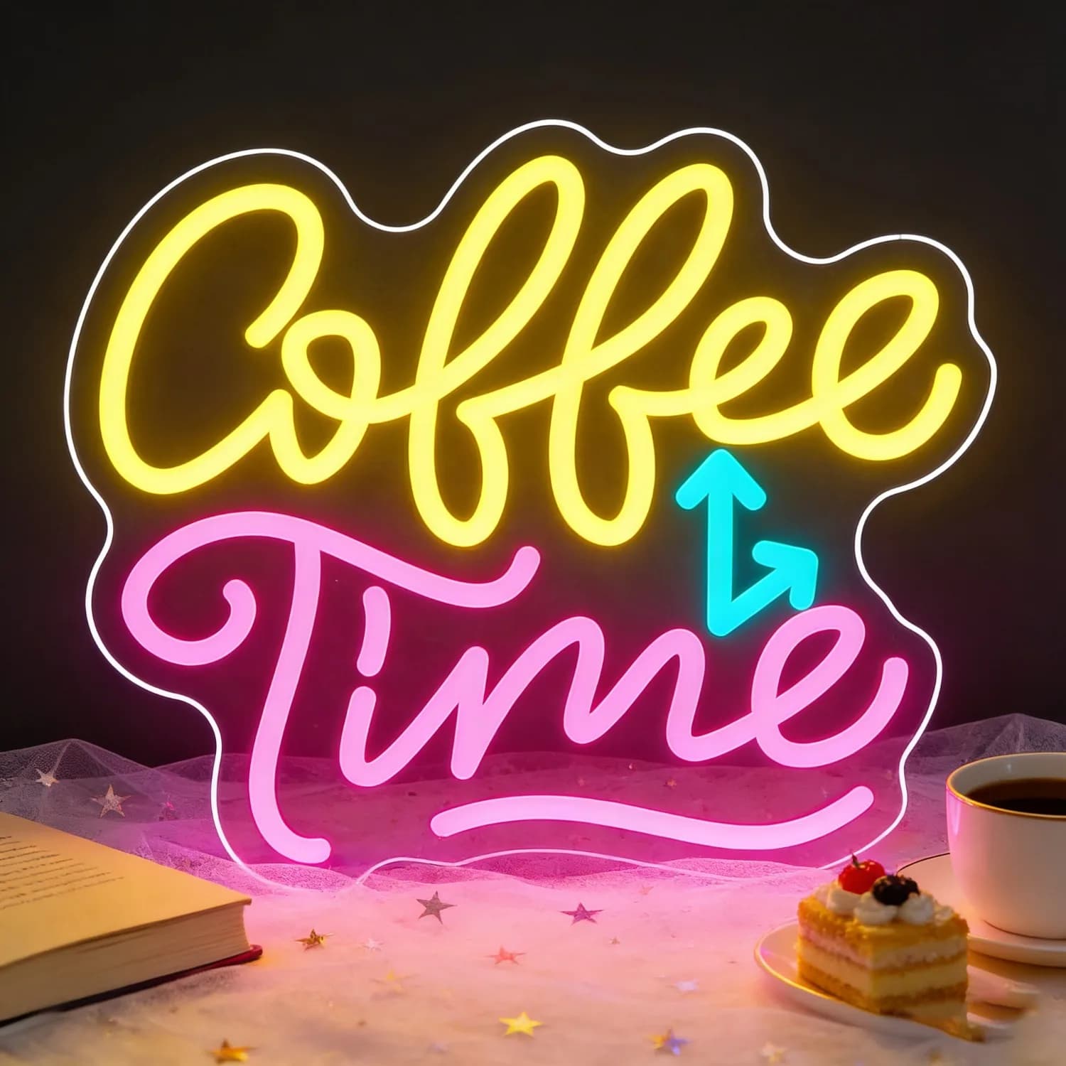 Insegna LED Neon 'Coffee Time' con Freccia per Casa, Bar, Caffetteria, Soggiorno, Camera da Letto, Crea un'Atmosfera Accogliente per la Lettura, Illuminazione Romantica, Regalo