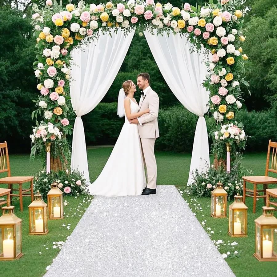 Silver wedding mat with sequins for ceremony, sparkling pastry 4FT x 20FT, carpet for parties and weddings