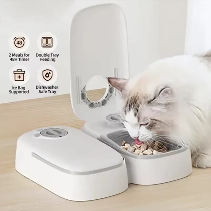 Distributore Automatico di Cibo per Cani e Gatti con 2 Pasti Programmabili, Doppia Ciotola, Dispenser Intelligente per Alimenti Umidi e Secchi, Accessori per Animali Domestici