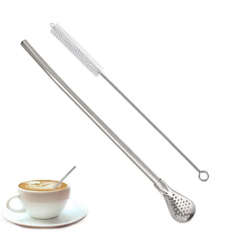 Removable Stainless Steel Straw Filter Spoon with Cleaning Brush Reusable Metal Straw Spoon Cocktail Stirrer for Drinking Tea