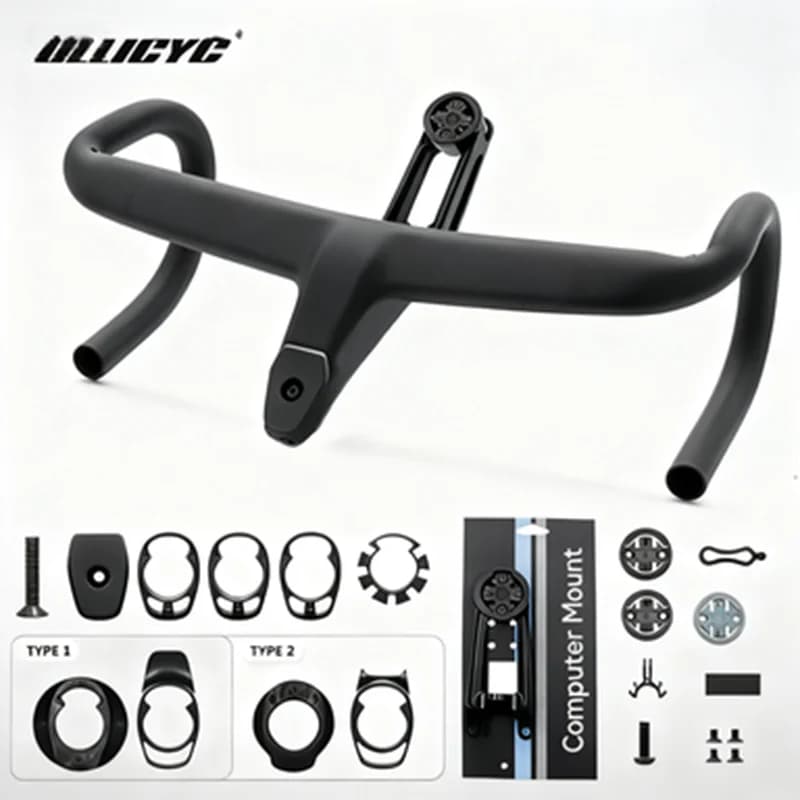No Logo Integrated Full Carbon Fiber Black Road Handlebar Light Weight 381g Bicycle Accessories Includes Computer Mount