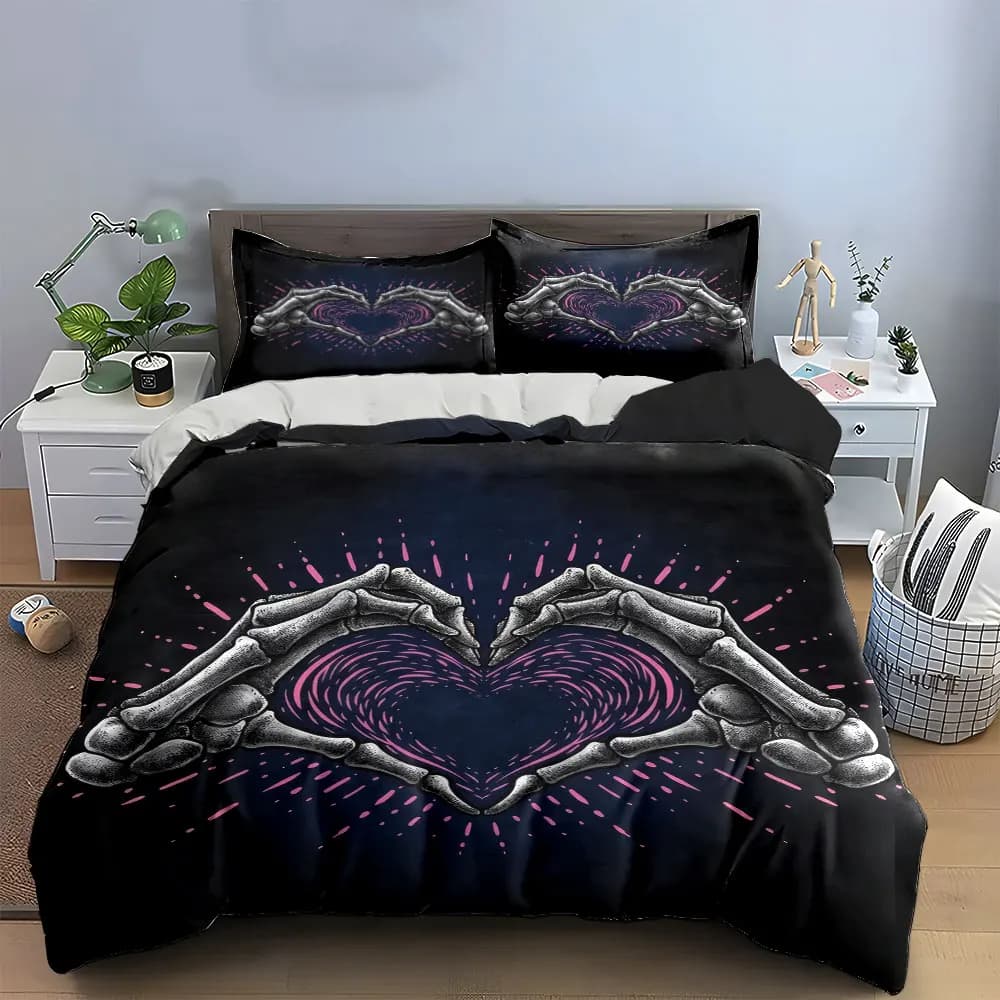 Set di biancheria da letto Skeleton Heart Art Decor con 1 copripiumino e 2 federe, singolo, matrimoniale, king, queen, regalo