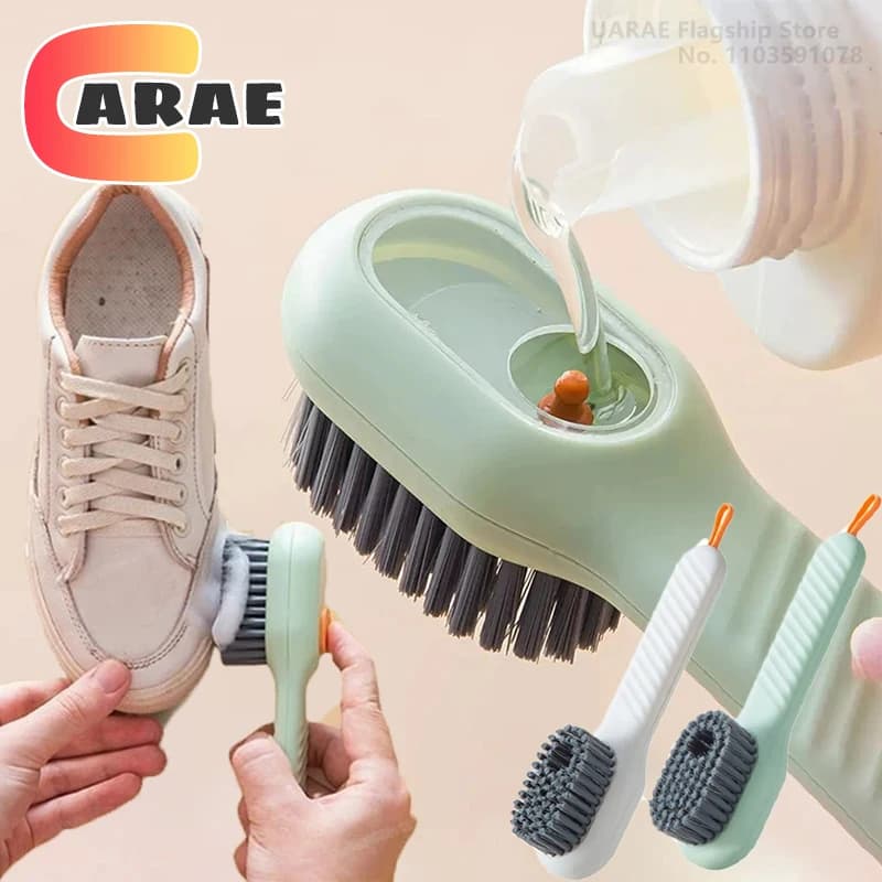 Spazzola multifunzionale per lavare le scarpe con aggiunta di liquido, spazzola per la pulizia domestica per la rimozione delle macchie