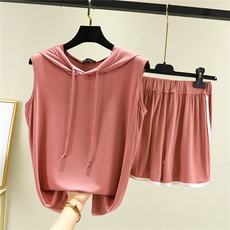 Set Estivo Casual da Donna: Top Senza Maniche con Cappuccio e Pantaloncini, Leggero e Snellente, Taglie Grandi, Due Pezzi