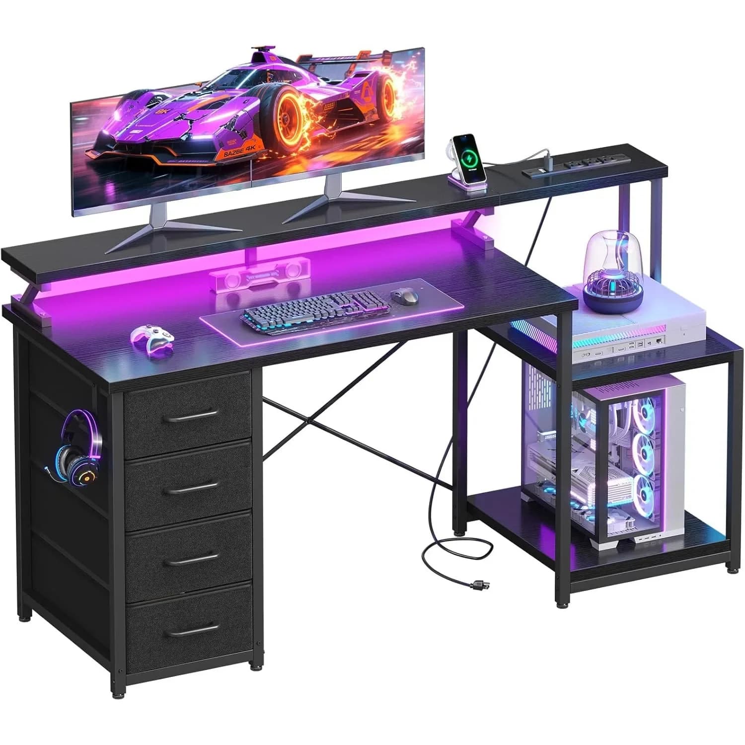 Scrivania da Gaming per Computer da 55 Pollici con Prese di Corrente e 4 Cassetti, Scrivania per Ufficio Domestico con Supporto Monitor e Ripiani per Stampante, Personalizzabile
