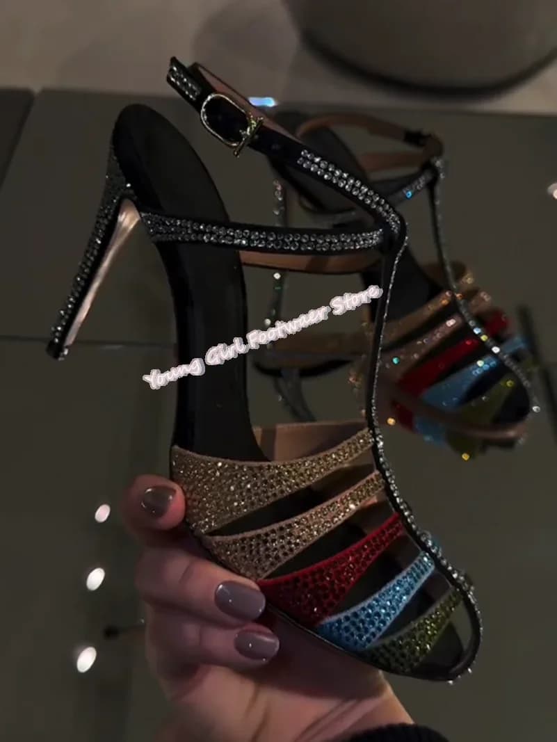 Round Head Hollow Out No Exposed Toes Colorful Clash Full Diamond Lady High Heel One-Strip French Sandals Banquet Luxury Sandals