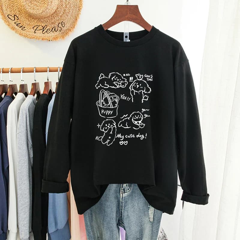 Pure Cotton Long Sleeve T-Shirt Women's Loose Style Belly Covering Fashionable Autumn New Arrival Student Casual round Neck