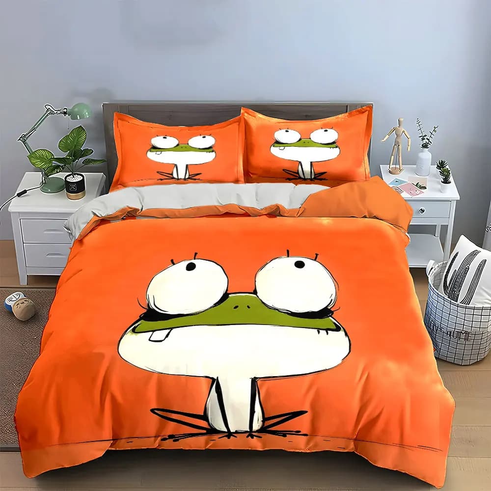 Set di biancheria da letto con decorazioni a forma di rana dei cartoni animati, con 1 copripiumino, 2 federe, singolo, matrimoniale, king, queen, regalo
