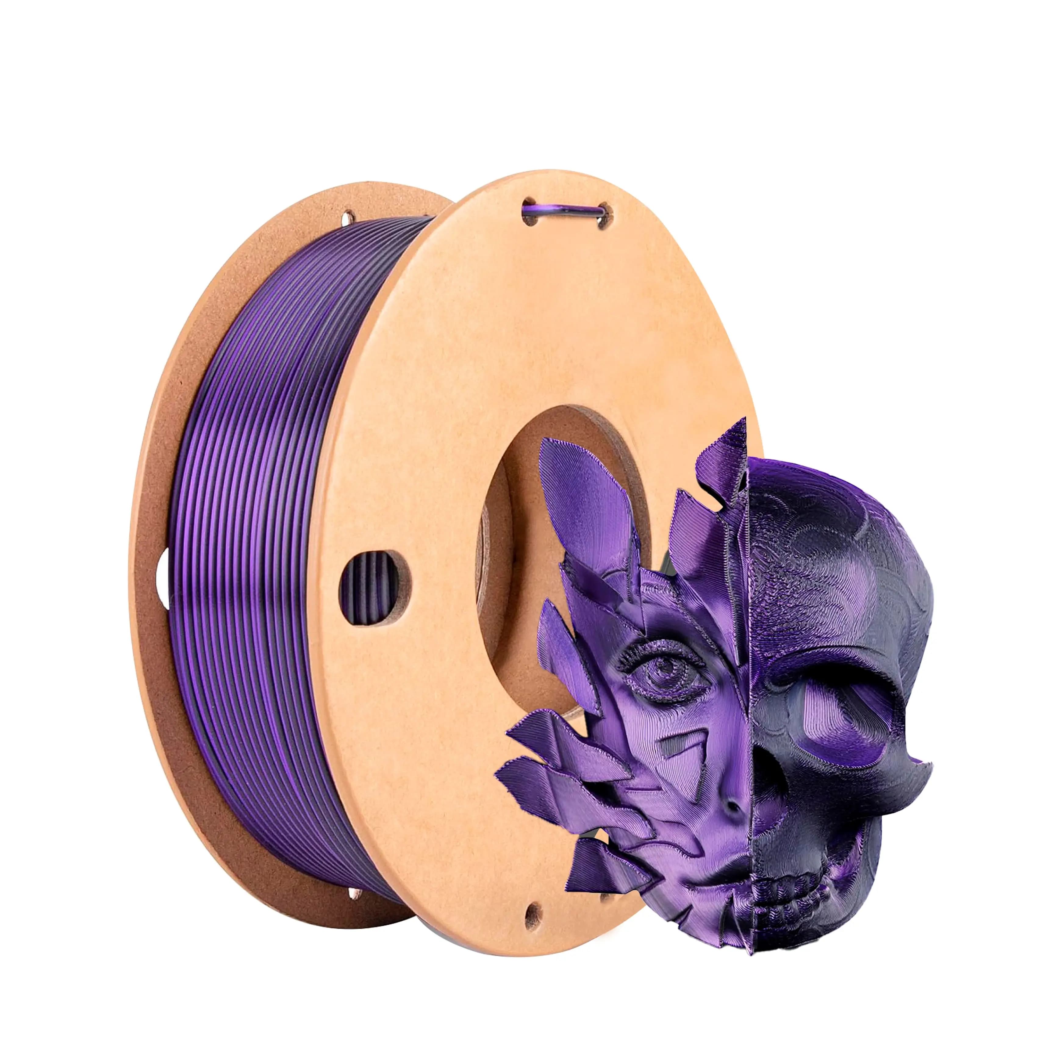 Filamento per Stampante 3D in PLA Seta 1.75mm 0.25kg, PLA Seta Bicolore Nero Viola, Precisione Dimensionale +/-0.03mm, Texture Liscia e Lucida