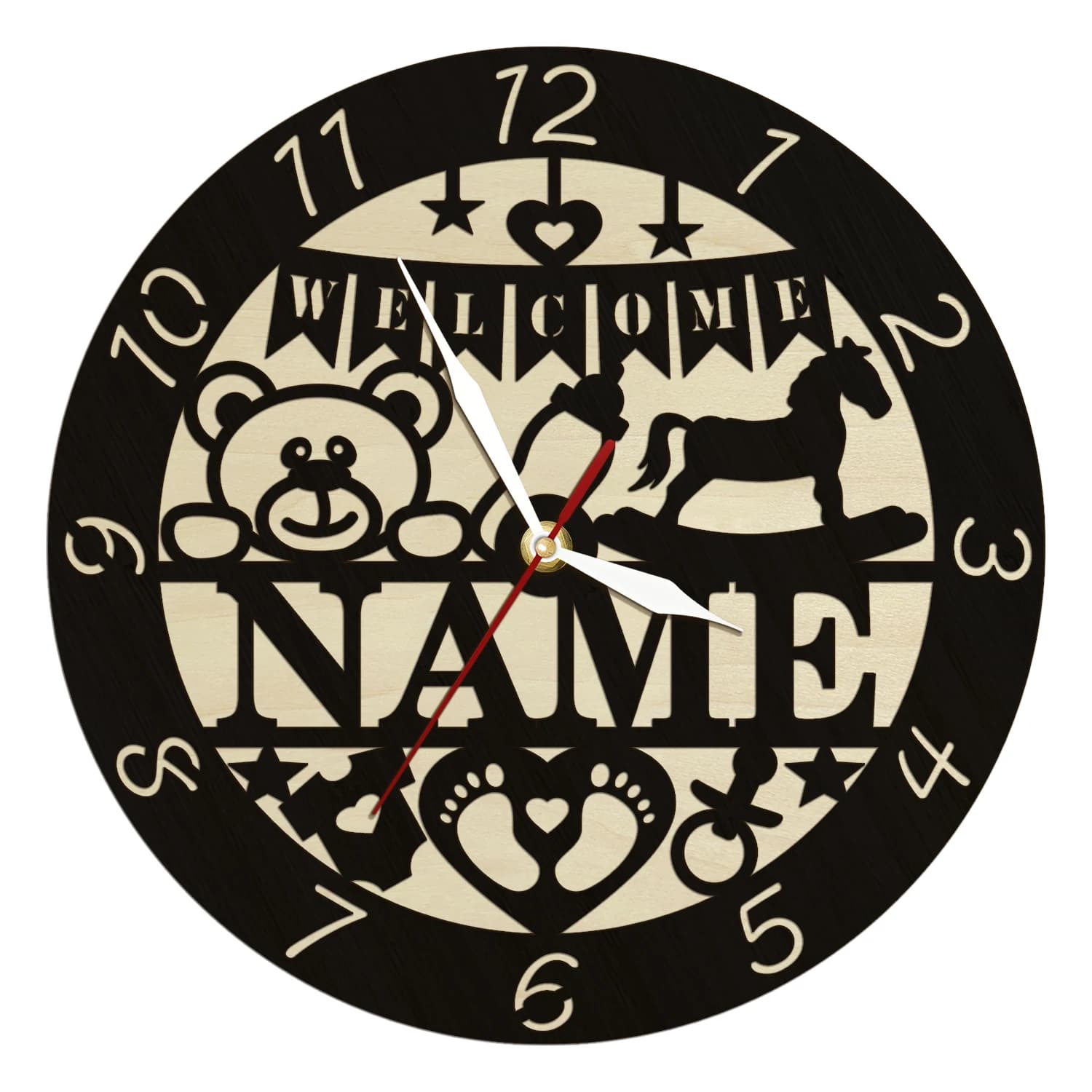 Customized wooden wall clock with name of new child for children's room, rustic furniture for children's room, custom clock, silent quartz watch and ticking