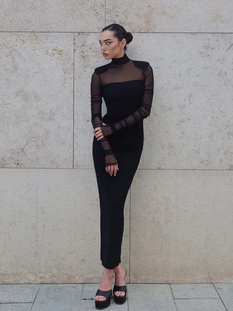 Abiti Patchwork in rete per le donne moda Sexy Streetwear manica intera vedere attraverso collo alto Slim Fit abiti lunghi abiti femminili