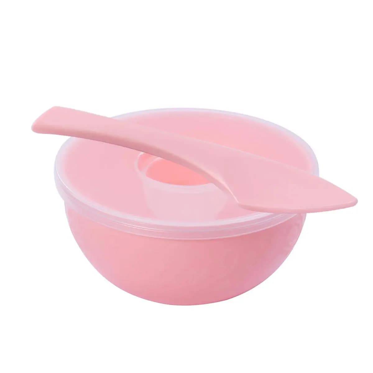 Set 3 in 1 per Maschere Facciali: Ciotola, Spatola e Coperchio in Plastica, Kit Rosa per Miscelazione Fai-da-Te, Strumenti per Trucco e Cura della Pelle