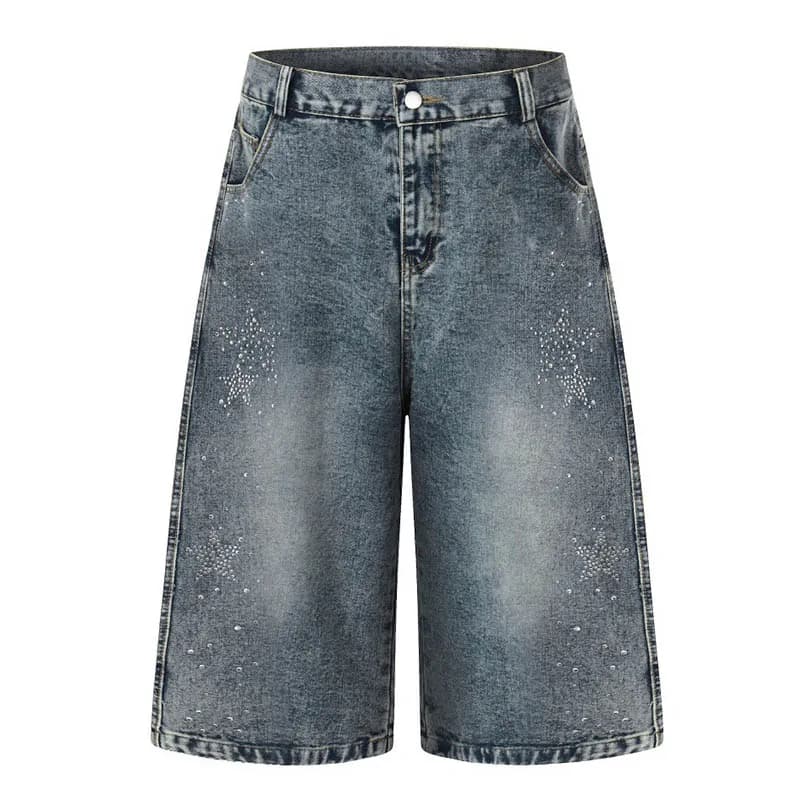 Pantaloncini Jeans Vintage Hip Hop Star Casual Harajuku Larghi in Denim da Uomo con Patchwork