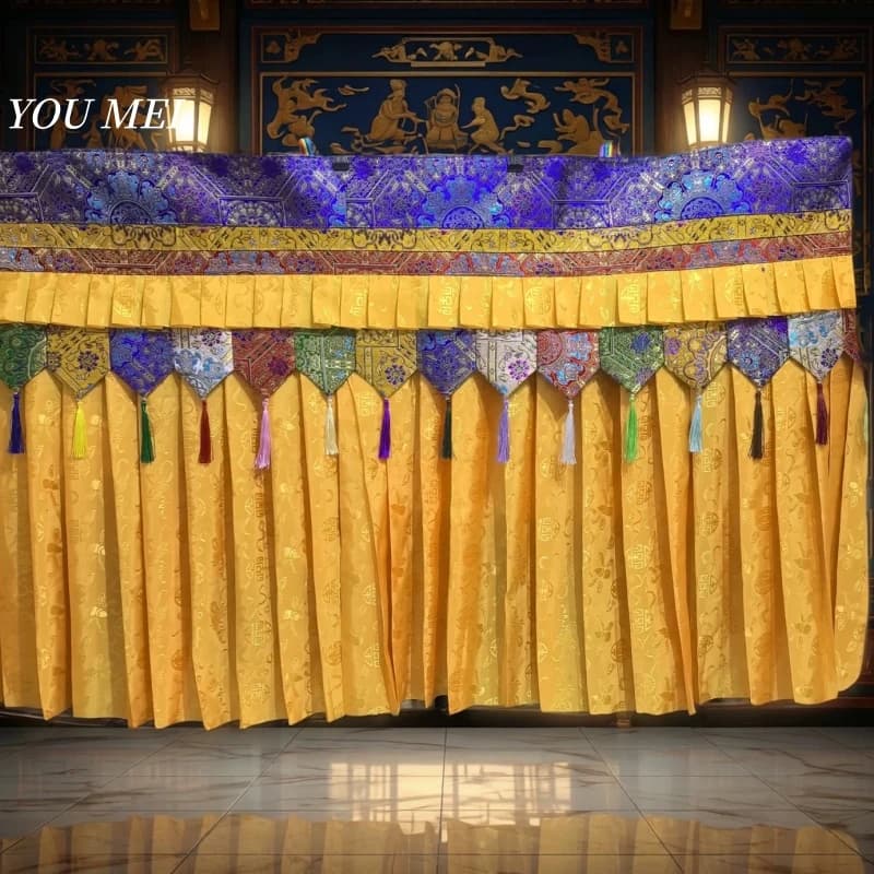 Decorazione Sospesa per Sala Buddista, Tenda da Tavolo in Raso Giallo Stile Tibetano, Bandiera di Preghiera Sospesa