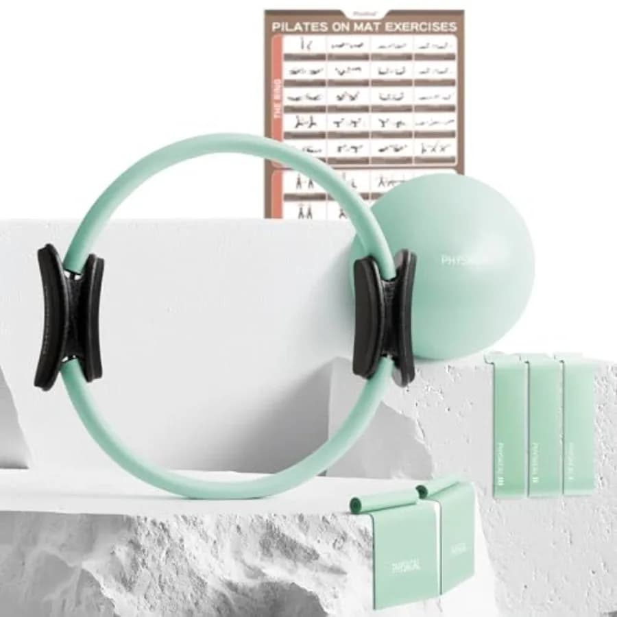 Kit Pilates con Anello da 15 Pollici, 1 Palla Core, 3 Fasce di Resistenza e 2 Bande Elastiche, Set Attrezzatura Pilates per Casa e Tappetino
