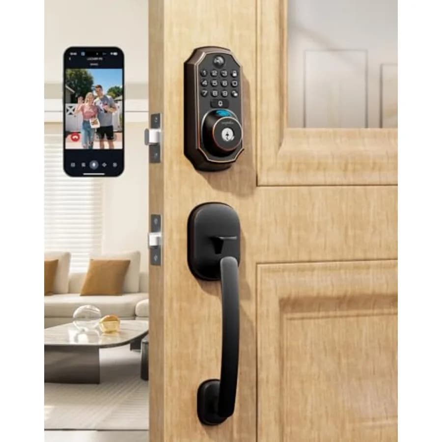 Front Door Keyless Entry Deadbolt with Handle Set - WiFi Smart Lock with Camera, 5-in-1 Camera+Doorbell+Fingerprint+Keypad, App