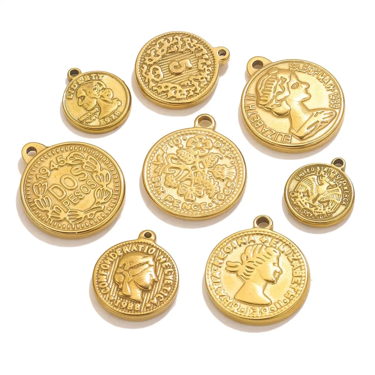 5 Piece Stainless Steel Coin Pendants For Necklace Creation DIY Jewelry Accessories for Wholesale Gold Plated Queen Jewelry