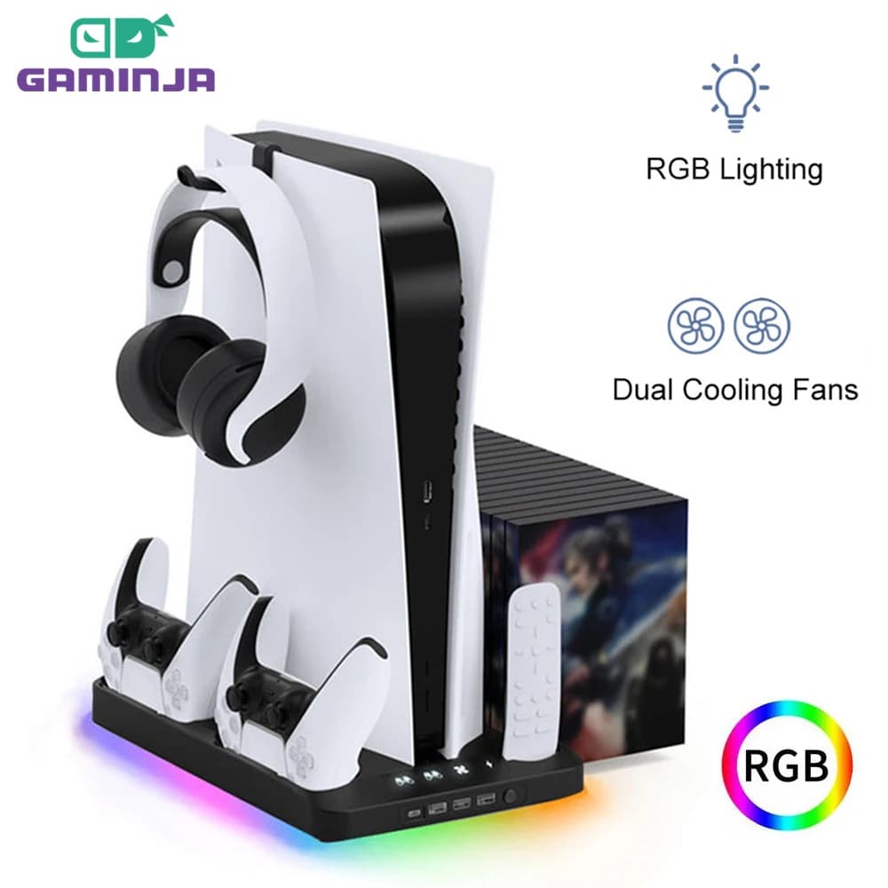 GAMINJA Per PS5 Dock Station Ventola di raffreddamento con supporto verticale per caricabatterie controller console PS5 per accessorio Playstation 5