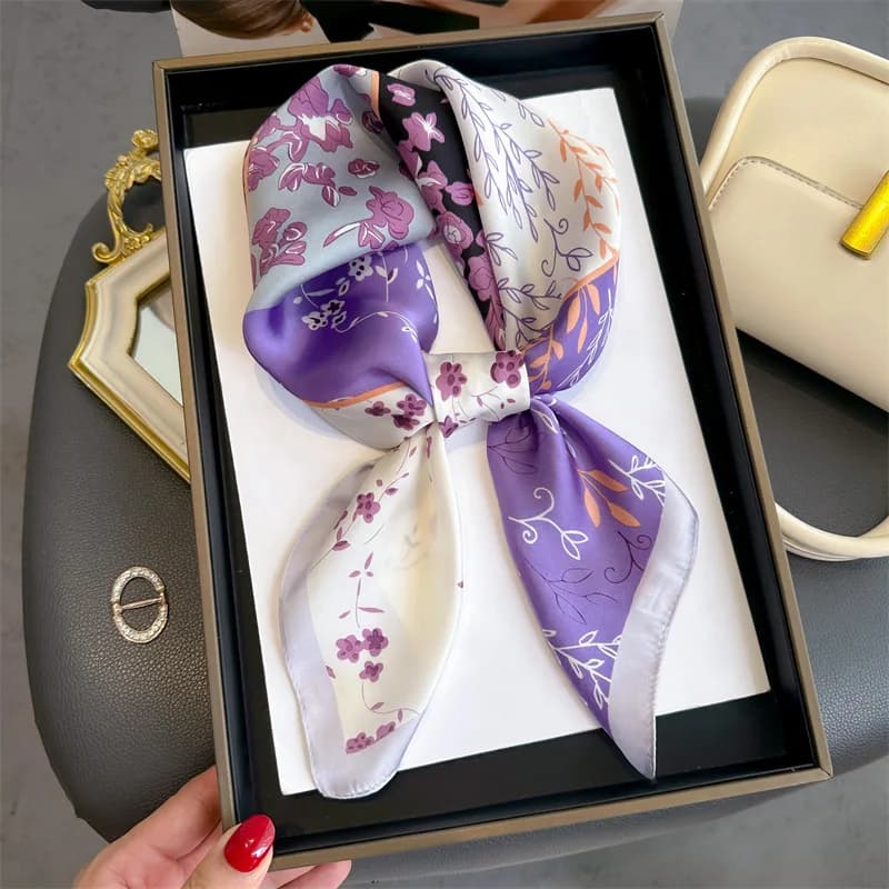 Purple Floral Patchwork Satin Square Scarf Multi-panel Botanical Print Women Neck Head Scarf
