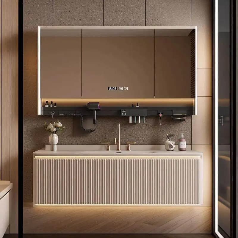 Mobile Bagno in Rovere con Lavabo, Stile Crema, Lusso Leggero, Combinazione Effetto Roccia, Specchio Incluso, Legno Massello