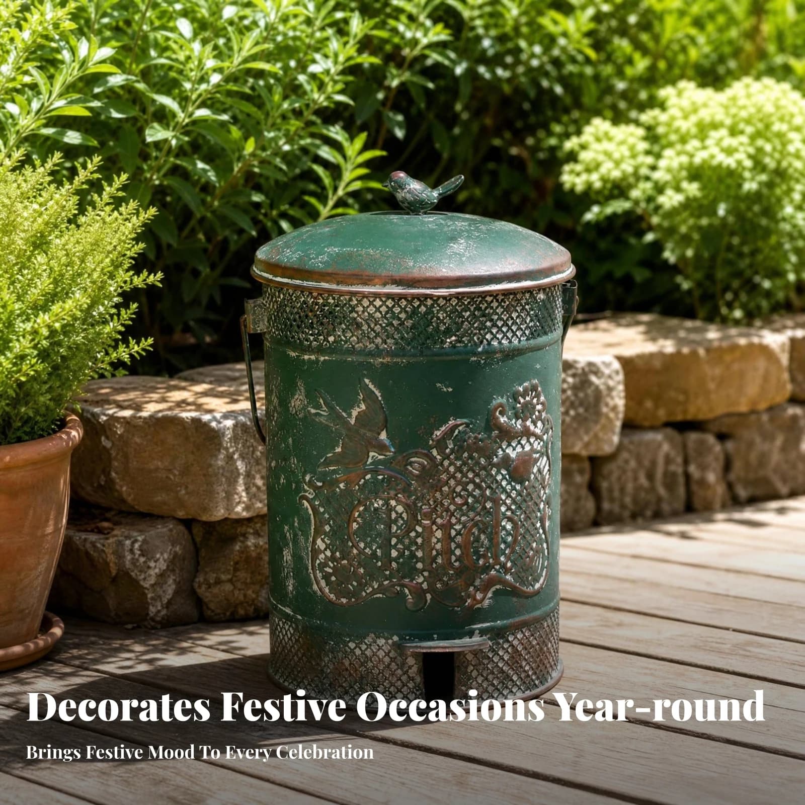 Decorative Trash Can Perforated Metal Trash Can Outdoor Container Weather Resistant Heavy Duty