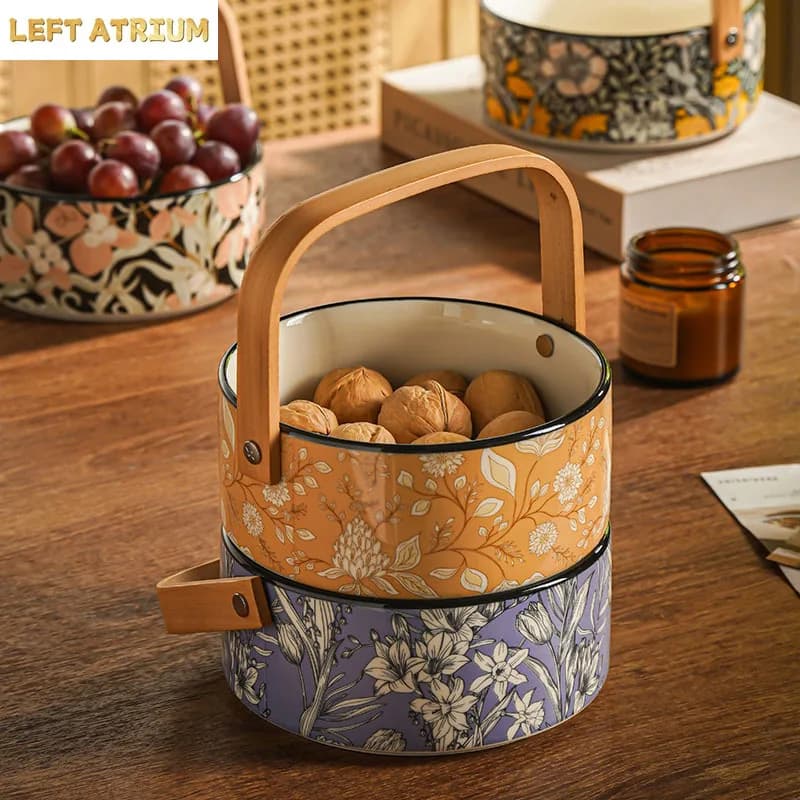 Floral Pattern Ceramic Fruit Tray Bamboo Wood Handle Fruit Basket Snacks Dried Fruits Storage Tray Home Storage Containe