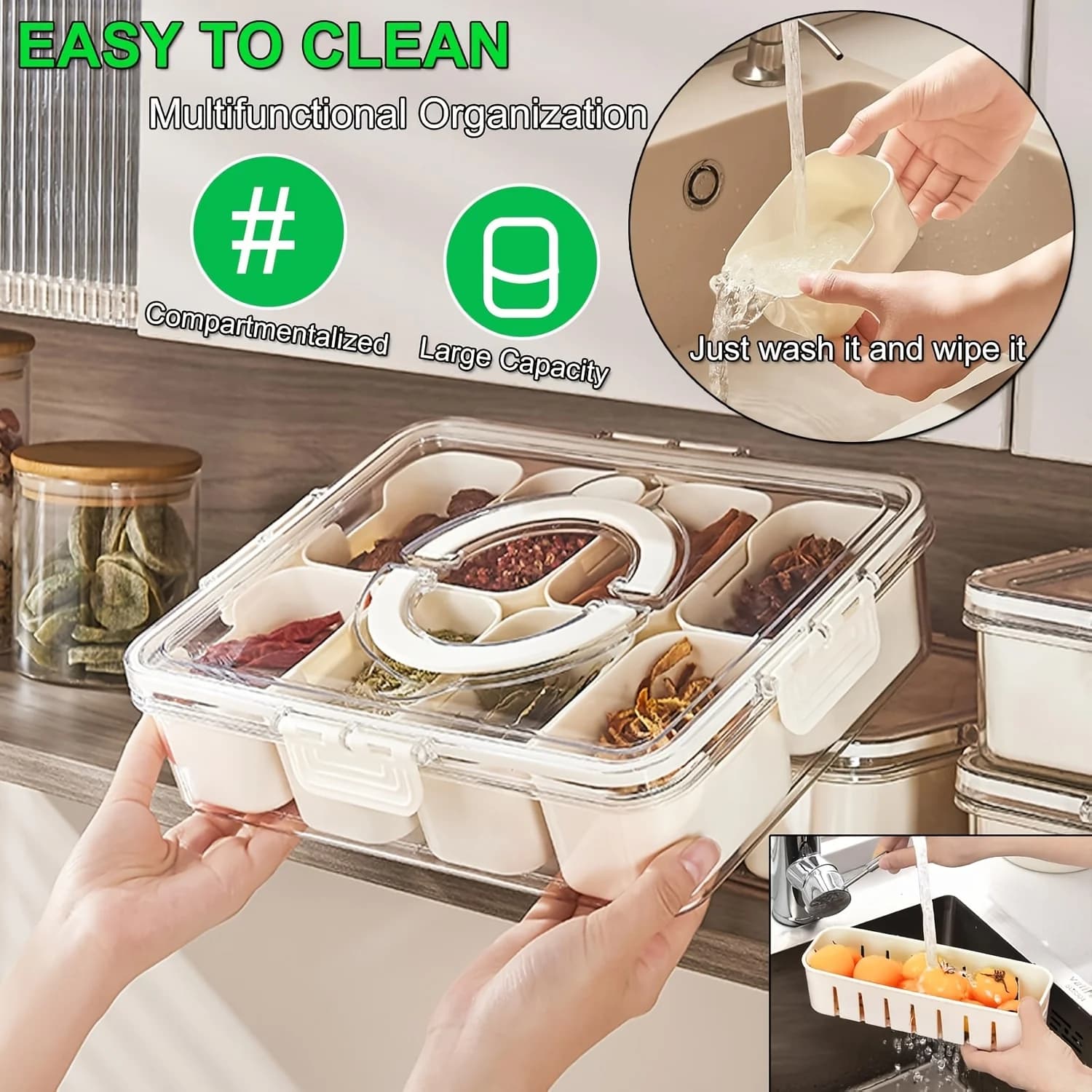Contenitore per Alimenti in PP Bianco a 8 Scomparti con Divisori, Coperchio e Maniglia – Contenitore Trasparente per Snack Adatto per Frutta