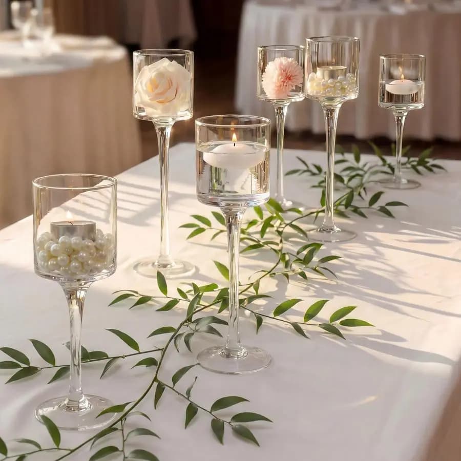 Set of 6 Tealight Glass Candle Holders, High Plate Candles Holders, Candles with Column Candles and Floating Machines