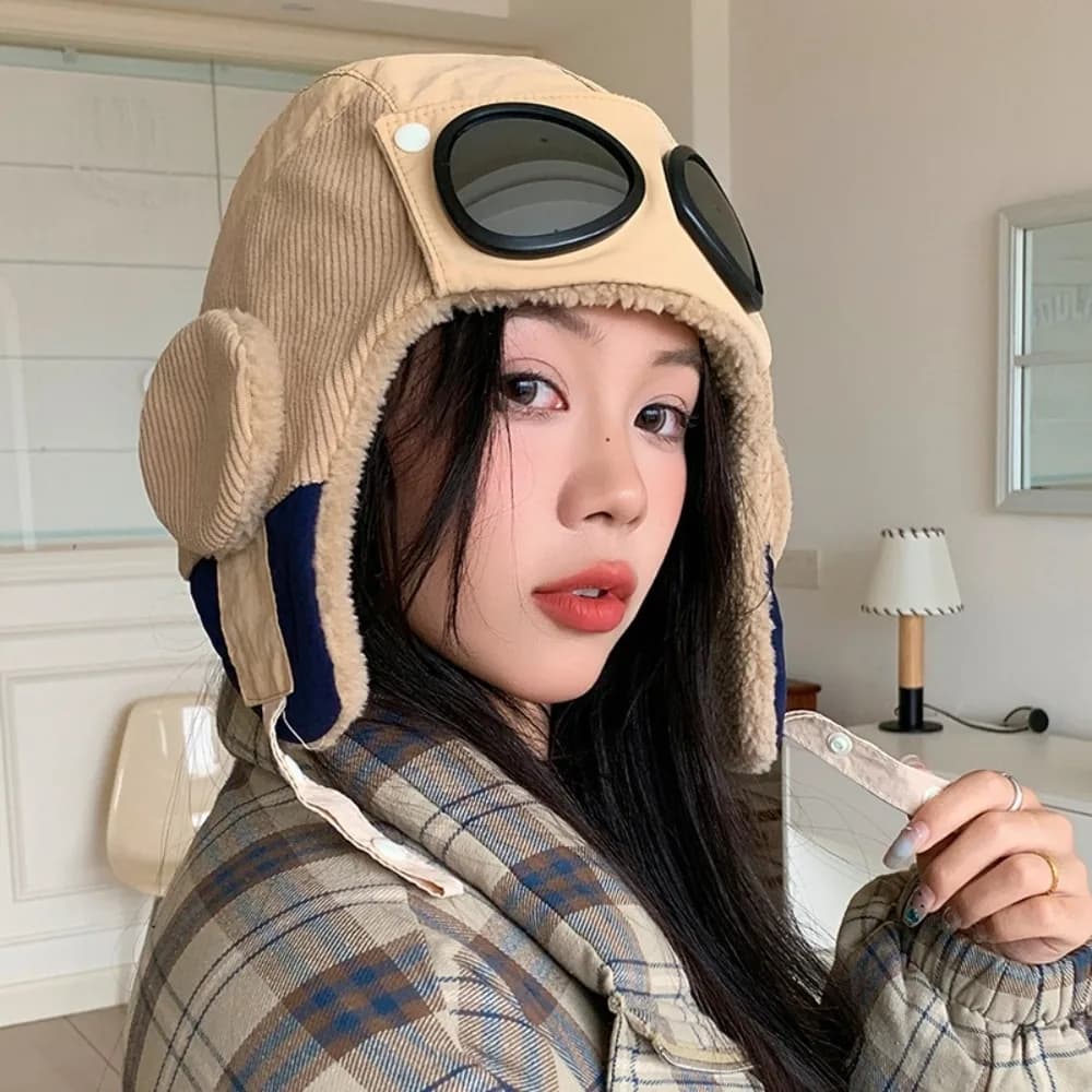 Casual Windproof Winter Pilot Hat With Goggles Anti Fog Beanie Warm Ski Hat Ear Protection Warm Cycling Lei Feng Hat Outdoor