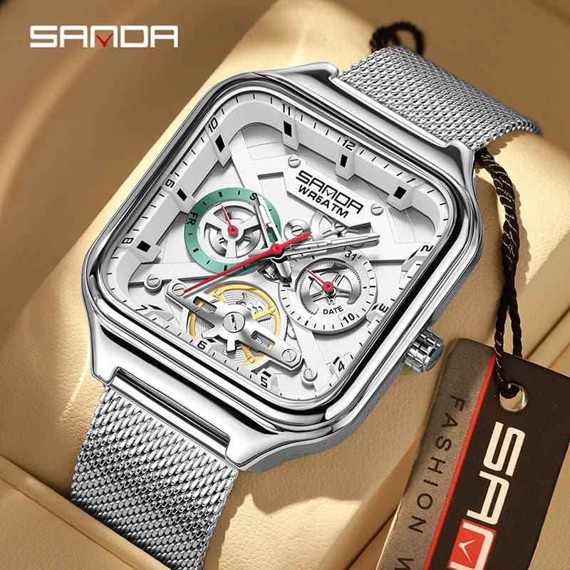 SANDA 9085 Men Wristwatch reloj hombre Fashion Quartz Watches for Man Multifunction Luminous Calendar Mesh Strap Outdoor Sports