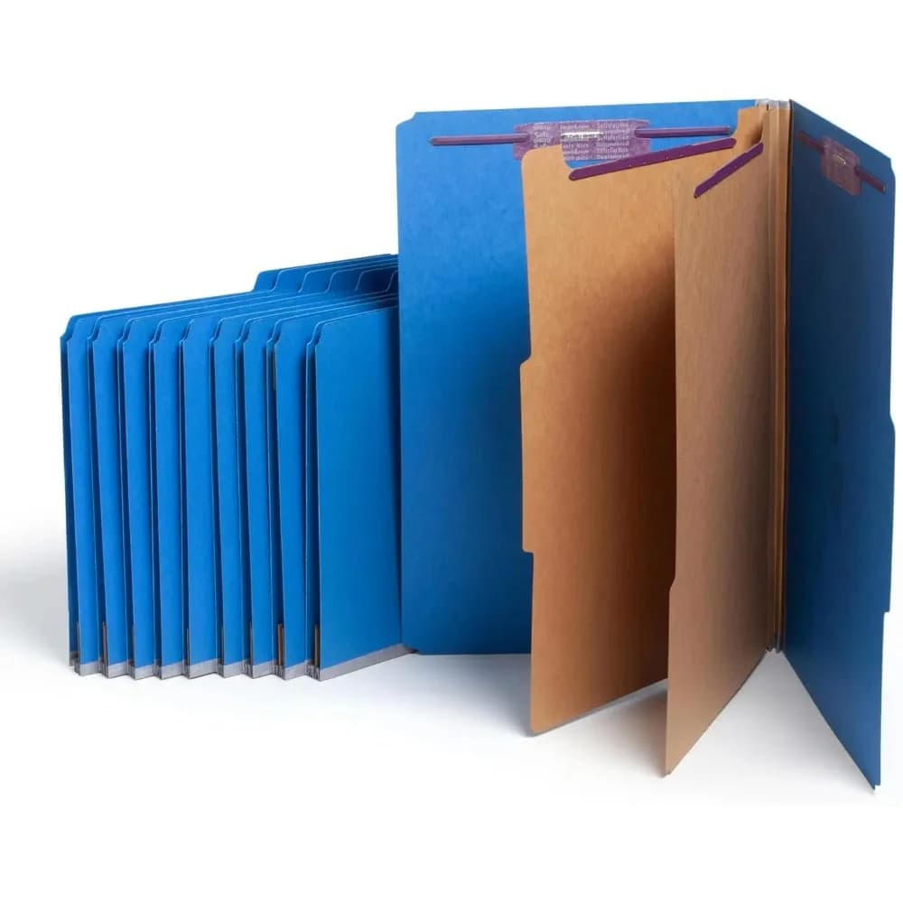 Cartelle di file di dimensioni legali con elementi di fissaggio, 2 divisori, espansione da 2", blu scuro, porta carta da ufficio, 10 per scatola