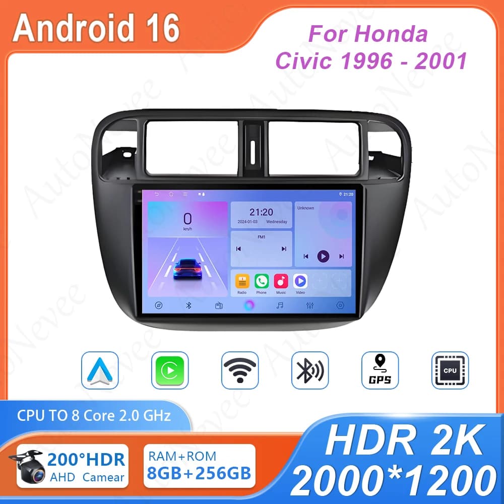 Android Autoradio for Honda Civic 1996-2001 with QLED screen, Dash Cam high performance, DVD player, stereo and multimedia.
