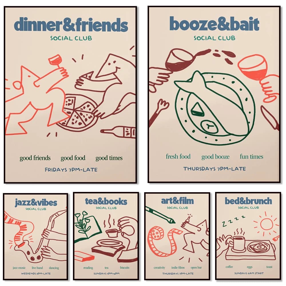 Tea and Books Social Club, Brunch, Wine, Jazz, Food and Drink, Movie Sketch Poster Wall Decor