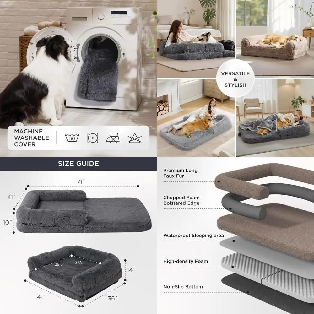 Letto Ortopedico Pieghevole 2-in-1 per Cani Adulti con Bordo Rialzato, Rivestimento Impermeabile e Pelliccia Sintetica, Grigio Scuro