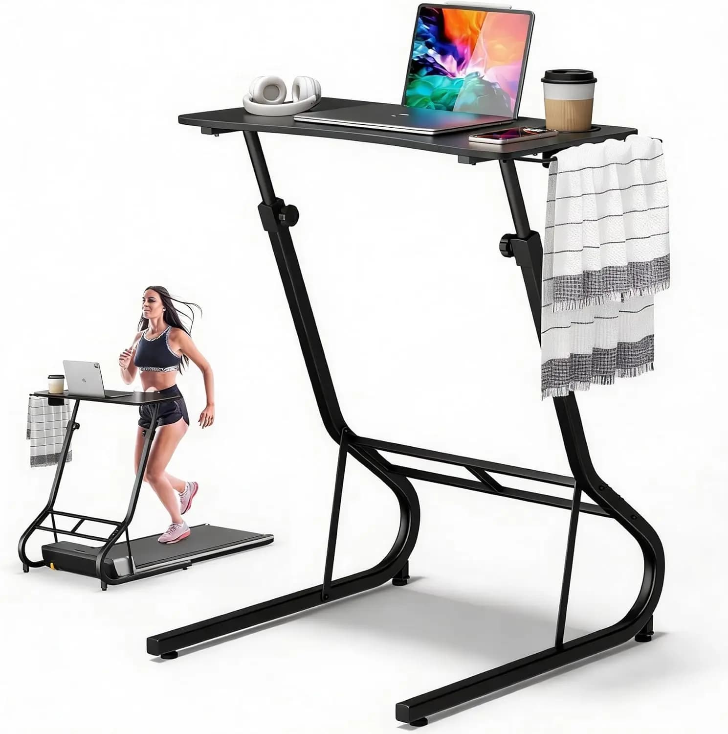Scrivania Regolabile in Altezza per Tapis Roulant con Portabicchieri, Scrivania per Laptop per Ufficio Domestico, Nera