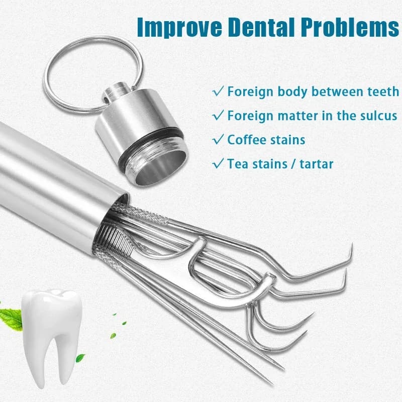 3/4/5/7pcs Portable Stainless Steel Toothpick Flossing Set Tooth Reusable Mini Oral Care Teeth Cleaning Tools Key Chian Kit
